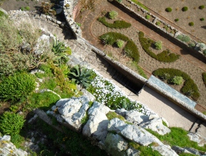 Looking down at the gardens